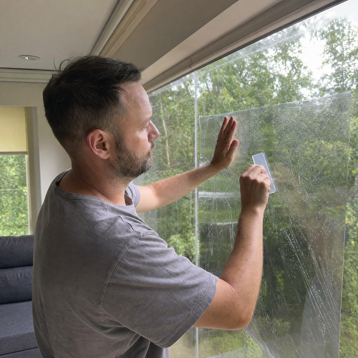 Applying Veilo film to a window with a squeegee