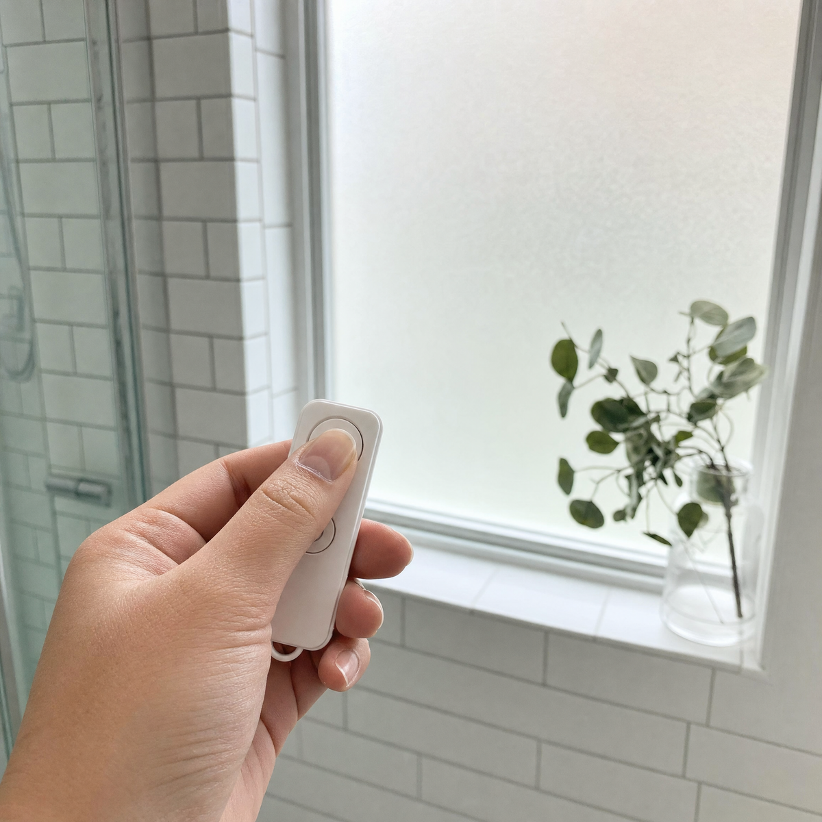 Hand pressing the Veilo remote with a frosted bathroom window behind